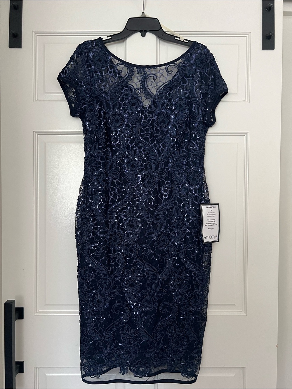 Embroidered Navy Sequin Sheath Dress - Connected Apparel